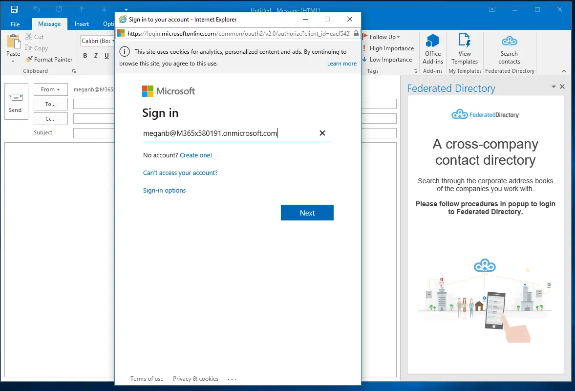 Federated Directory Outlook add-in showing cross-company contact search within familiar email interface